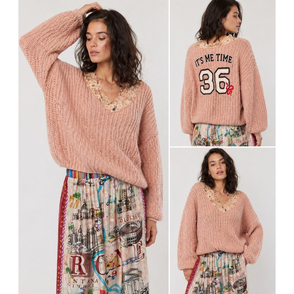 Me369 Kara Lace V Neck Sweater Alpaca Merino Pink Cropped Boho S Designer
